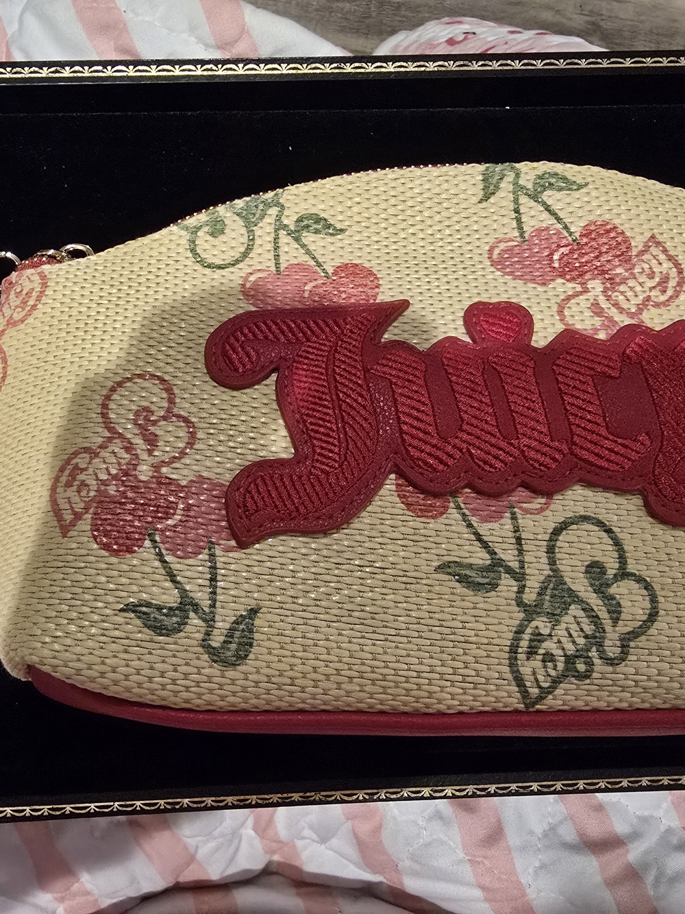 Juicy Couture Beige Straw Cosmetic Bag with Red Logo & Cherry Print